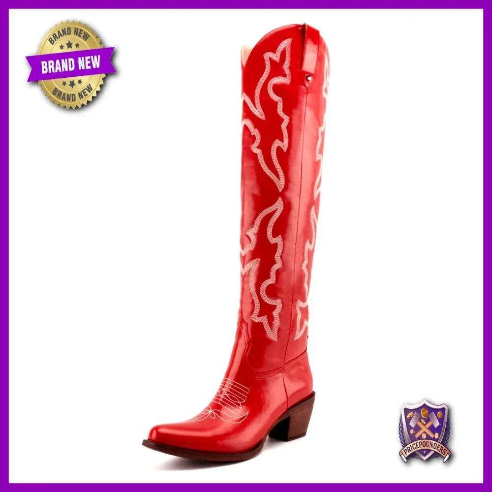 Western Cowgirl Boots Knee High Embroidery Chunky Block Heels Fashion